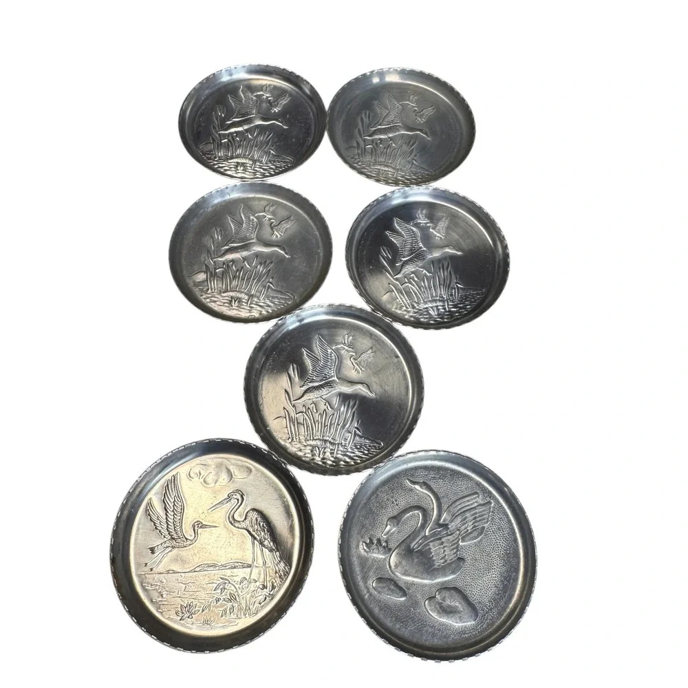 Vintage Pewter Coasters‎ Set of 7 Birds Geese Duck Crane Swan Embossed Drinkware